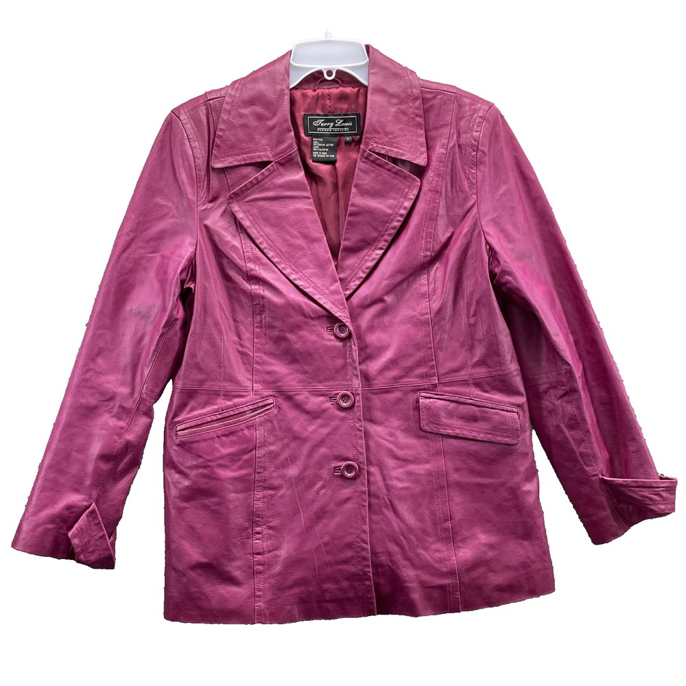 Terry Lewis Genuine Leather Jacket Women Large Hot Pink Office Y2K 80 Chic Funky